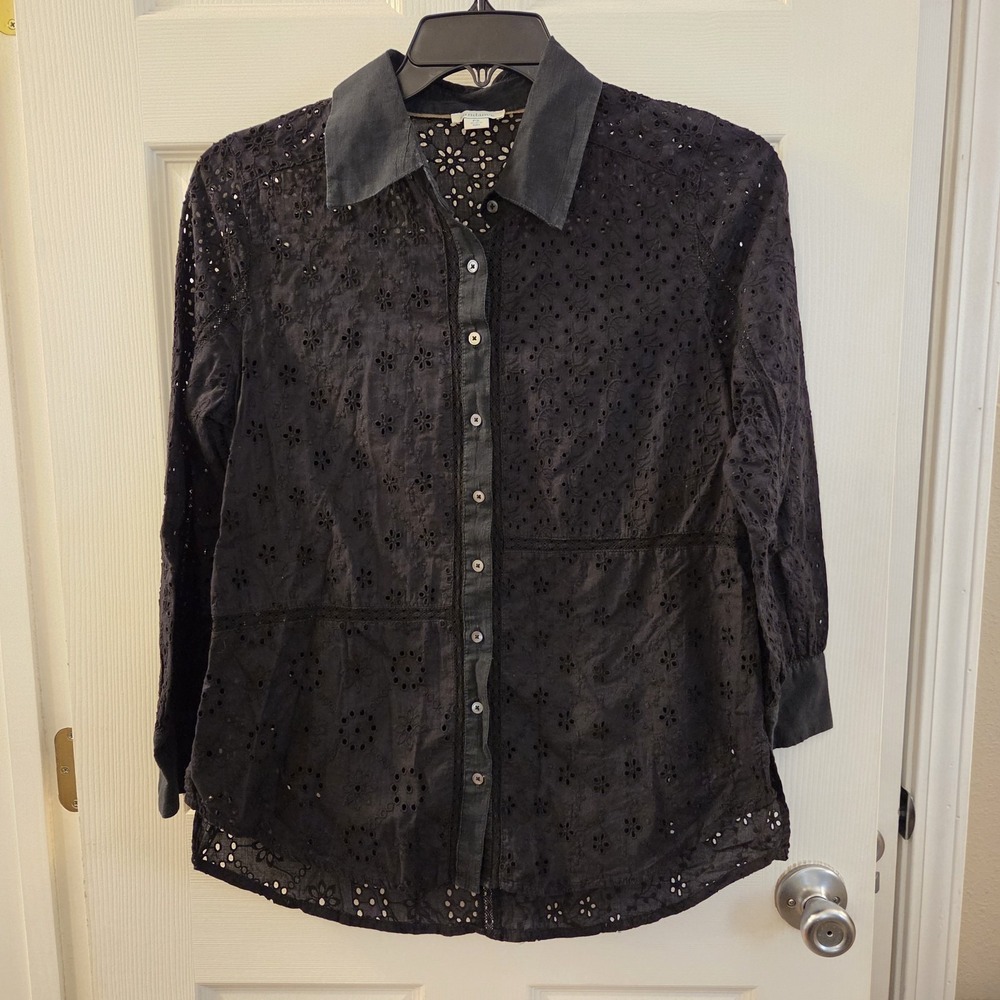 Sundance sz PS black eyelet long slv tunic top oversized 100% cotton casual